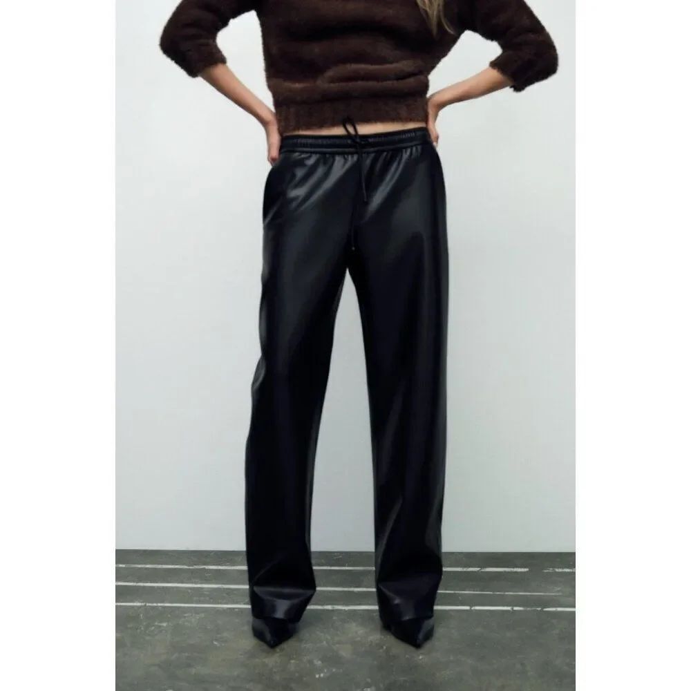 Zara Women Faux Leather Pants XL Black Straight Elastic Waist 8372/330 NWOT